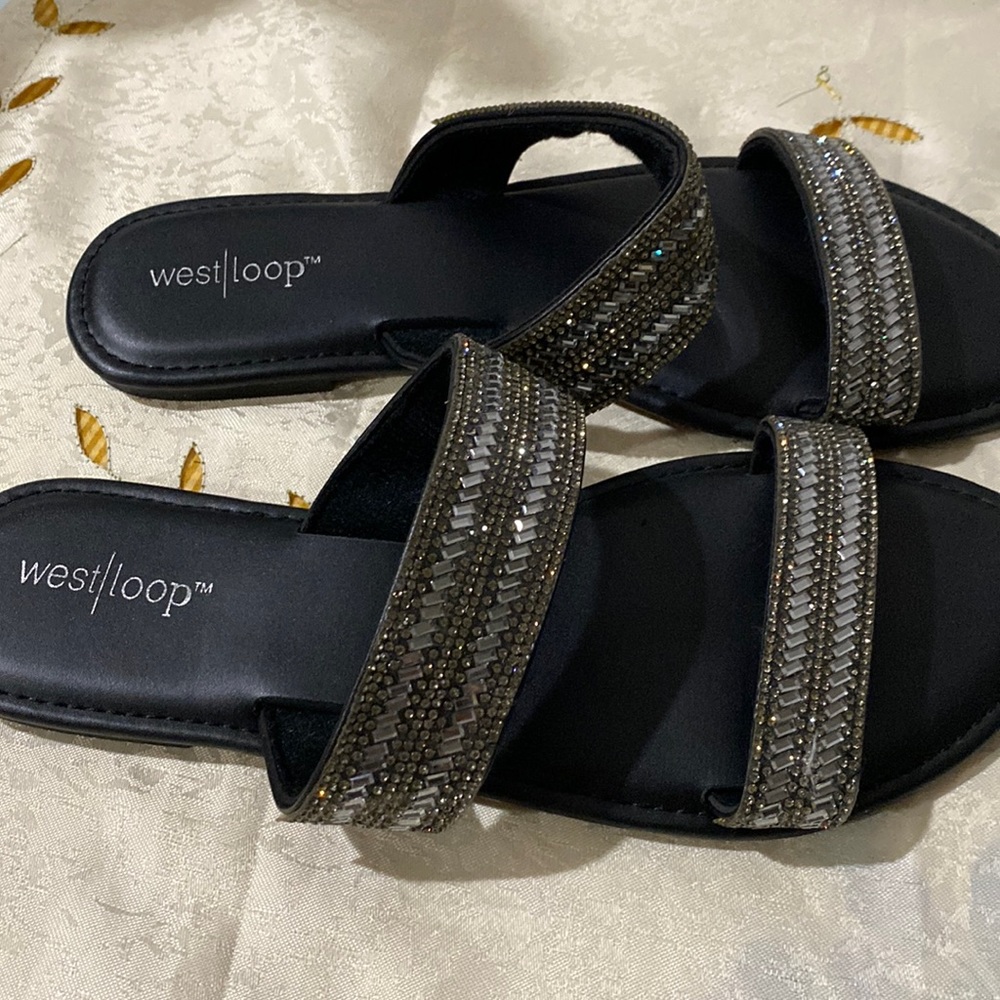 WESTLOOP WOMEN SPARKLY BLACK SANDALS WITH BEADS
